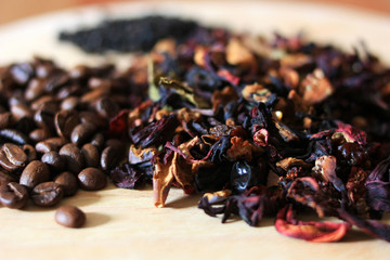 Herbal tea and coffee beans