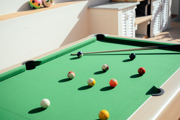 Closeup on billiard balls on green pool table entertainment background