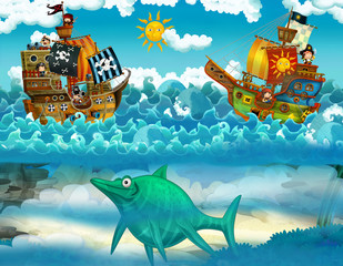 Fototapeta na wymiar pirates on the sea - battle - with monster underwater - illustration for children