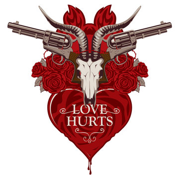 Vector banner on theme of Love Hurts. Template for clothes, textiles, t-shirt design. Illustration with skull of goat, red heart, roses, old revolvers and barbed wire isolated on white background
