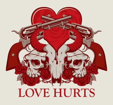 Vector banner on theme of Love Hurts. Template for clothes, textiles, t-shirt design. Illustration with skulls of bull and human, red heart, roses, old revolvers and barbed wire on white background