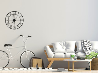 Modern interior with coffee table and sofa. Wall mock up. 3d illustration.