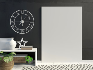 Modern interior design in Scandinavian style with credenza. Mock up poster. 3D illustration.