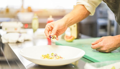 Obraz na płótnie Canvas Chef prepare fish tartare in five stars hotel for dinner