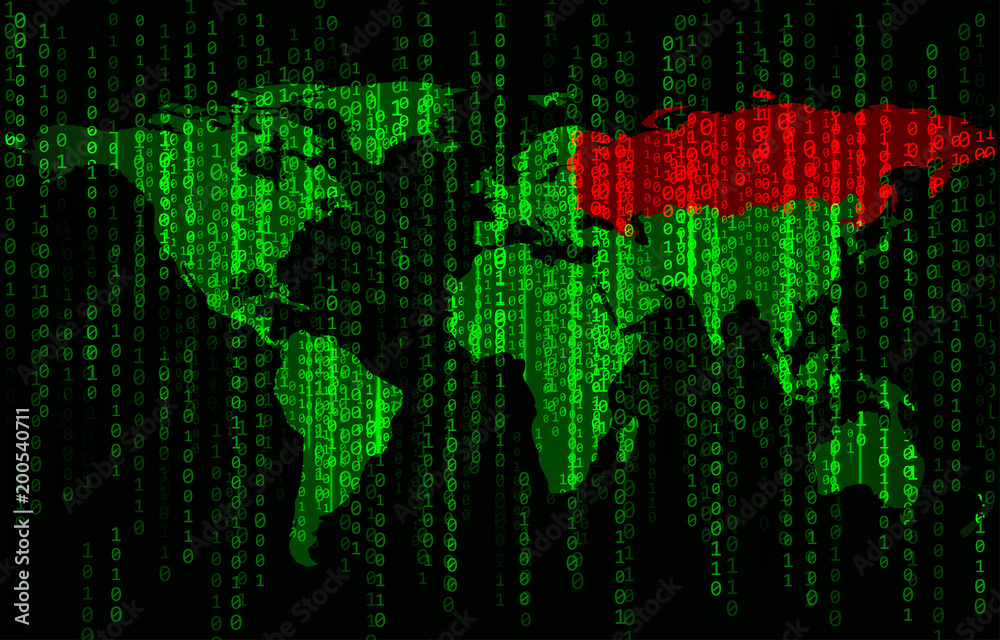 Poster green binary code background with world map and russia