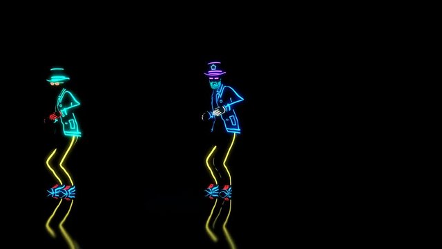 The dance group performs a modern house dance in complete darkness in custom made neon glowing costumes, synchronized with choreography movements. Seamless looping animation, 3D render.
