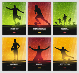 Set of Football or Soccer design posters with hand draw doodle elements on a background and football player silhouette. Soccer championship. Vector illustration - 200543360