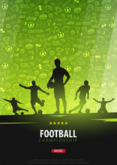 Football or Soccer design poster with hand draw doodle elements on a background and football player silhouette. Soccer championship. Vector illustration