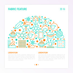 Fabric feature concept in half circle with thin line icons: leather, textile, cotton, wool, waterproof, acrylic, silk, eco-friendly material, breathable material. Vector illustration for print media.