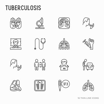 Tuberculosis thin line icons set: infection in lungs, x-ray image, dry cough, pain in chest and shoulders, Mantoux test, weight loss. Vector illustration.
