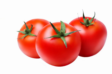 Three ripe red tomatoes on white isolate background, closeup