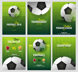 Naklejka premium Set of Football or Soccer design posters with hand draw doodle elements on a background and football player silhouette. Soccer championship. Vector ball. Vector illustration