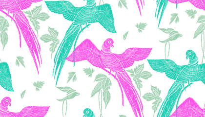 Parrots with tropical leaves seamless background pattern. Vector illustration hand drawn. Embroidery design.