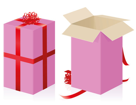Pink gift pack with red ribbons for mothers day or valentines or just for your girlfriend - closed and opened high size present carton box - isolated 3d vector illustration on white background.