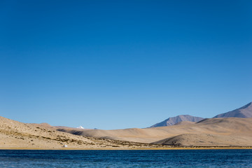 Travel van passed through tso moriri lake (Mountain Lake) at Changthang plateau, ladakh, indian;