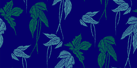 Tropical leaves seamless background pattern. Vector illustration hand drawn. Embroidery design.