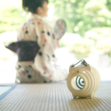 縁側に座る女性と蚊遣りブタ