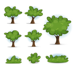 Cartoon Forest Trees, Bush And Hedges