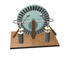 Wimshurst machine with two Leyden jars. 3D illustration of electrostatic generator. Physics. Science classrooms experiment. Isolated on a white background.