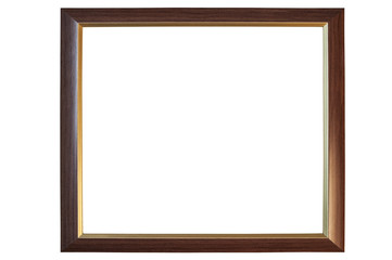 Beautiful wooden frame with gold insets for a photo on a white background. Isolated