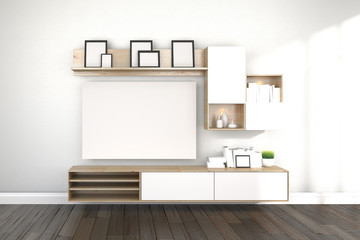 3D rendering of Mockup white screen hanging on the wall and tv cabinet, book, picture frame in empty living room
