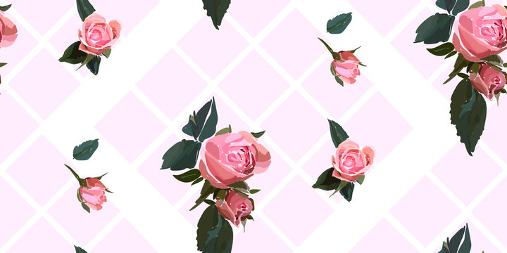 Floral seamless background patternwith gride. Watercolor pink garden roses in hand drawn style. Elegant flowers, vector illustration for textile, wrapping paper, wedding card.