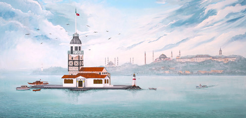 Naklejka premium Malowanie Kiz Kulesi lub Maiden's Tower w Stambule - TURCJA