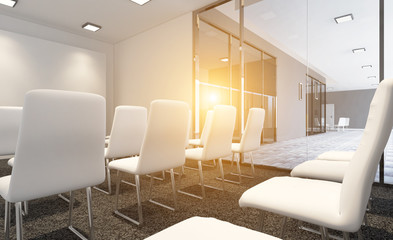 Front view of an office interior with a row of dark wood tables. 3D rendering.. Sunset