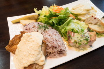 Set lunch with multi grain rice and varieties of dishes.