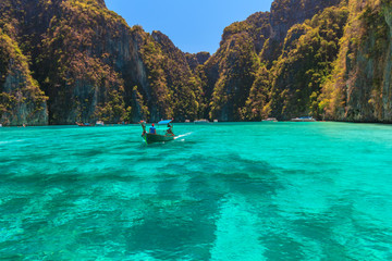 Naklejka na ściany i meble Ao Pi Leh is snorkeling point famous tour lagoon in Phi Phi Islands, Krabi , Thailand 