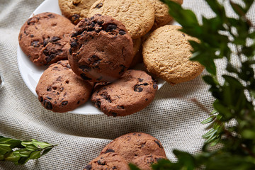 Side view of a plate of chocolate chip cookies on a white plate on homespun tablecloth, selective focus