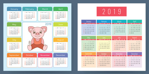 Calendar 2019. Pig. Cartoon piggy. Chinese horoscope. Week starts on Sunday