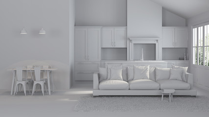 Modern interior of a country house. Repairs. Gray interior. 3D rendering.