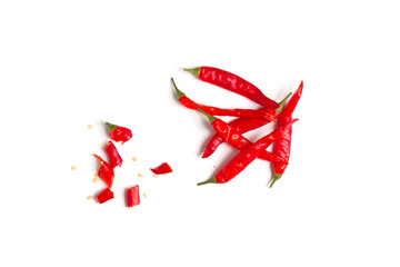 top view of chili sliced and cut and artful arranged on white background