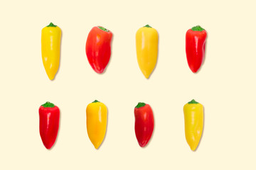 top view of paprika bell pepper clean foto graphical  geometrical string on two rows background white 2