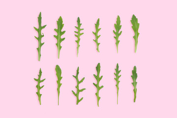 top view of rocket rukola salad on pink toned background in two rows, artistically arranged
