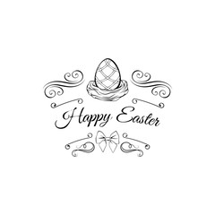 Easter eggs in a nest decorated with swirls, bow and ornate frames.  illustration.