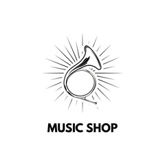 Hand drawn vintage hunting horn. Music shop logo.  illustration.