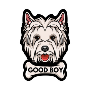 Dog West Highland White Terrier face with bone. Good boy lettering.  illustration.