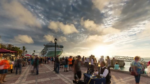 Sunset time lapse over the Mallory square pier of Key West, Florida. USA