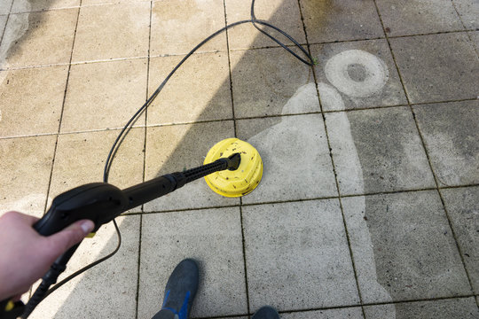 Outdoor Floor Cleaning The Terrace With High Pressure Water Jet