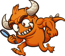 Orange monster searching with a magnifying glass. Vector clip art illustration with simple gradients. All in a single layer. © Memoangeles