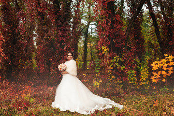 Fototapeta premium sensual bride stands in autumn forest and poses for camera