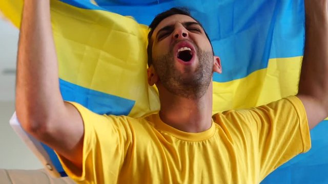 Swedish fan celebrating with flag