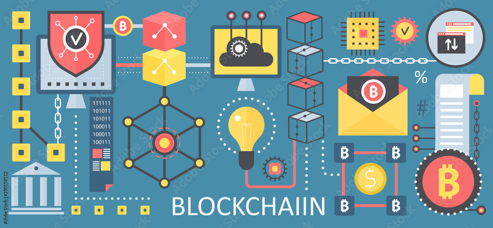 Aufkleber Bitcoin cryptocurrency and blockchain network technology concept icons. Vector blockchain poster template.
