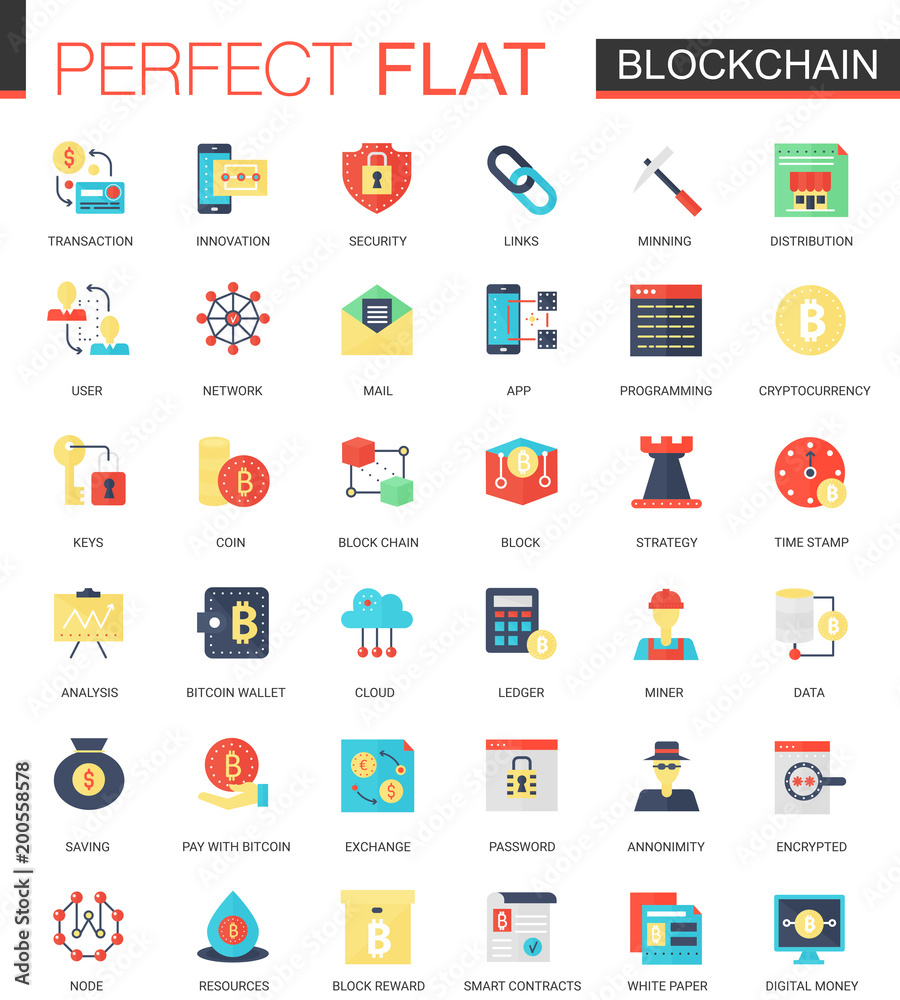 Poster vector set of flat blockchain technology icons