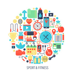 Fitness sport flat infographics icons in circle - color concept illustration for sport cover, emblem, template.