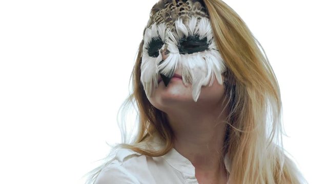 Close-up, Beautiful Girl with the Owl's Make-up Screams Imitating the Bird