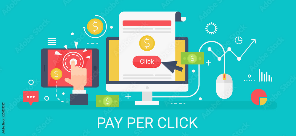 Aufkleber Flat modern vector concept Pay per click banner with icons and text.