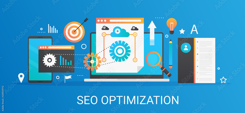 Poster Flat modern vector concept Seo optimization and analytics banner with icons and text.